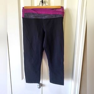 LULULEMON Size 4 Cropped Black Leggings With Pink/Purple Waist Band
